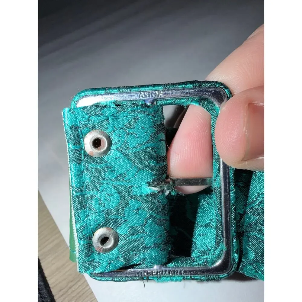 Vintage teal green satin embossed jacquard wide belt women’s 28-32 inches